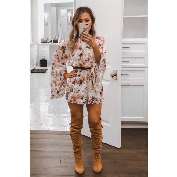 White Floral Print Chiffon Ruffle Long Flare Bell Sleeve Romper Playsuit Dress - Picture 6 of 8